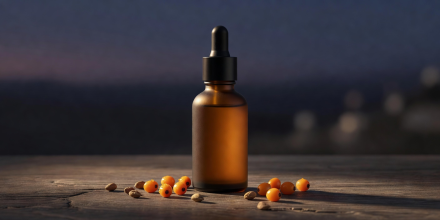 Bakuchiol and Sea Buckthorn Night Elixir glass dropper bottle