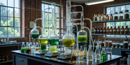 Laboratory flask with botanical green oil extract setup