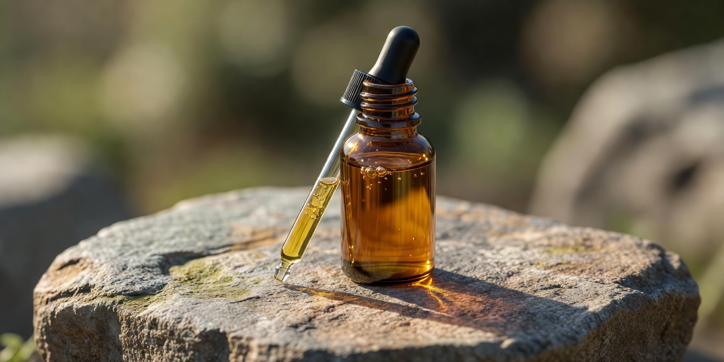 Botanical dropper bottle with glass dispenser on natural stone surface
