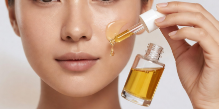 Facial serum application on hydrated clean skin