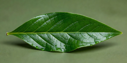 Fresh green botanical leaf sample close-up with water droplets